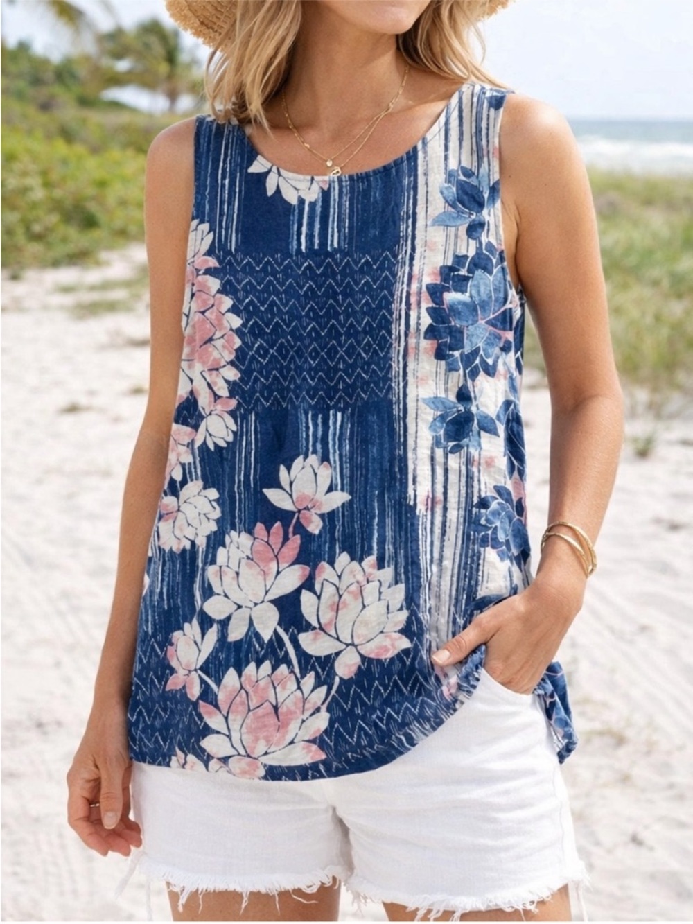 PureJill J Jill Linen Tank Top Floral Lotus Print Medium Petite Coastal Natural